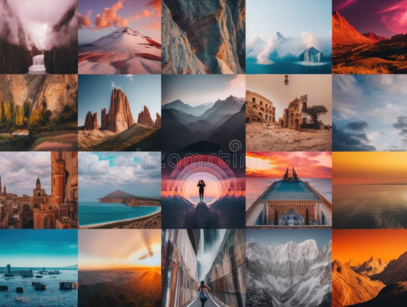 Un collage di molti luoghi di riferimento e di destinazione diversi. immagine generativa ai. illustrazione vettoriale