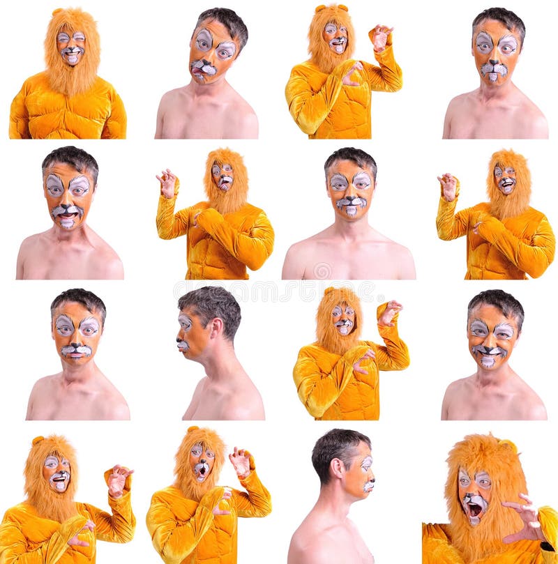 Un collage di sedici immagini isolate: chiuda sul ritratto di sorridere e di sciocchezze intorno dell'animatore in vari ruoli del fotografie stock libere da diritti Un collage di sedici immagini isolate: chiuda sul ritratto di sorridere e di sciocchezze intorno dell'animatore in vari ruoli del fotografie stock libere da diritti