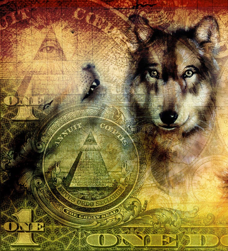 Un collage du dollar avec la tête de loup, peignant sur la toile, sépia ornementale de couleur et fond vert, tatouage conçoit illustration libre de droits Un collage du dollar avec la tête de loup, peignant sur la toile, sépia ornementale de couleur et fond vert, tatouage conçoit illustration libre de droits