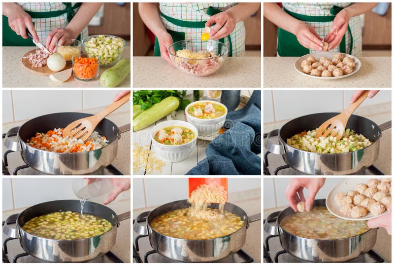 Un collage gradual de hacer la sopa con el calabacín, las pastas y M fotos de archivo Un collage gradual de hacer la sopa con el calabacín, las pastas y M fotos de archivo