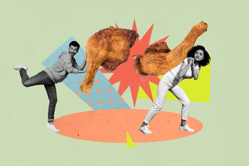 Un colletto d'arte 3d di felicità di una ragazza con un'amica con una coscia di pollo fritta grill proteina carne fritta cibo spaz illustrazione vettoriale