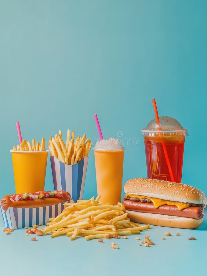 Un colorido surtido con papas fritas y refrescos crea una deliciosa comida rápida ideal para compartir o imagenes de archivo