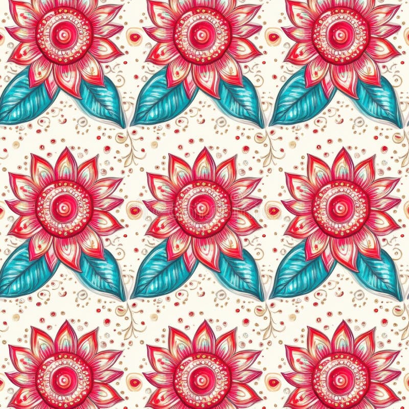 Un colorito schema floreale con fiori blu e rossi e foglie verdi fotografia stock