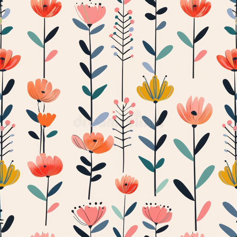 Un colorito schema floreale con fiori gialli e rosa. I fiori sono disposti in fila e circondati da foglie blu e bianche. La scena allegra e luminosa con i fiori generati dall'AI
