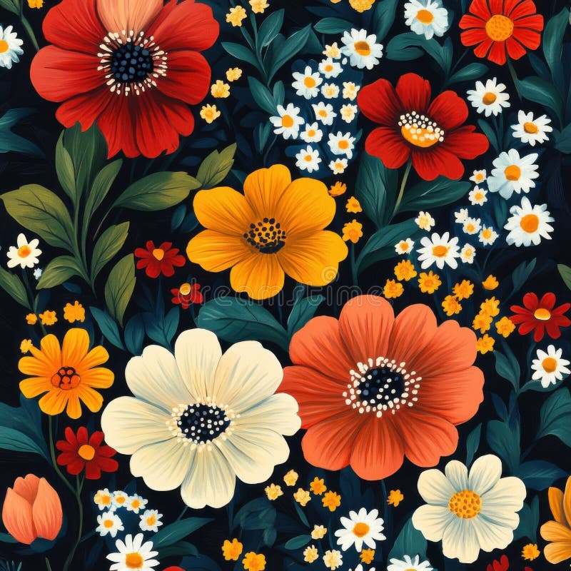 Un colorito schema floreale con fiori rossi gialli e bianchi fotografia stock libera da diritti