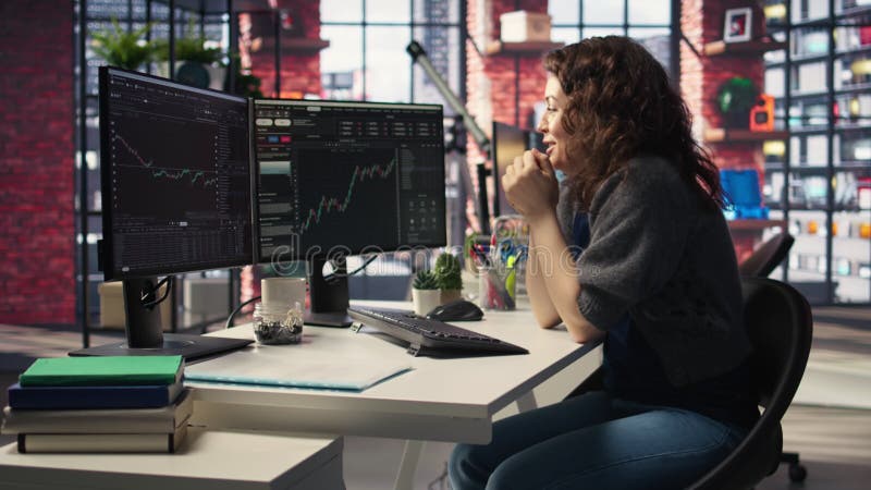 Un commerçant heureux examine la documentation financière sur PC et être heureux banque de vidéos
