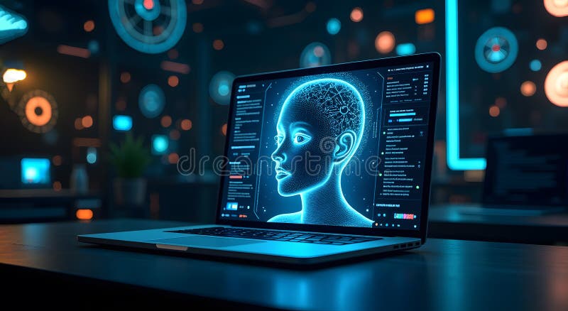Un computer mostra una faccia AI femminile con una testa blu. Un computer mostra una faccia di donna con la testa blu. L'immagine è di un programma progettato per assomigliare ad una faccia umana. La scena è futuristica e tecnologica
