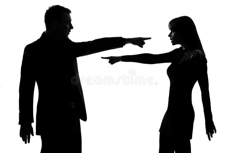 One caucasian couple men and women pointing at each other expressing accusation in studio silhouette isolated on white background. One caucasian couple men and women pointing at each other expressing accusation in studio silhouette isolated on white background