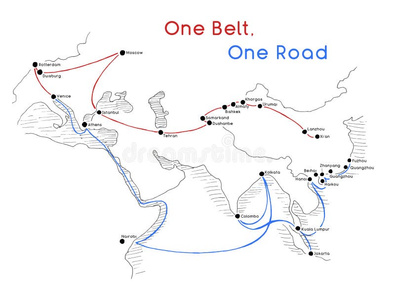 Un concetto della via della seta della strada della cinghia una nuovo connettività e cooperazione del XXI secolo fra i paesi euro illustrazione di stock Un concetto della via della seta della strada della cinghia una nuovo connettività e cooperazione del XXI secolo fra i paesi euro illustrazione di stock