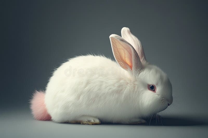 Un conejo blanco esponjoso con una suave calidad de asiento de cola rosa redondeada. imagen de archivo libre de regalías