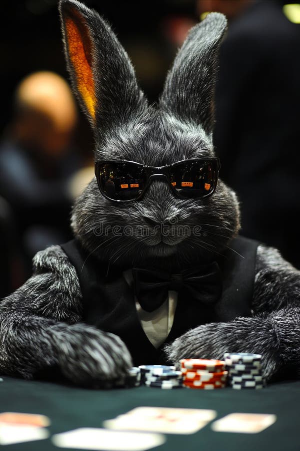 Un conejo con gafas de sol sentado en una mesa de póker imágenes de archivo libres de regalías