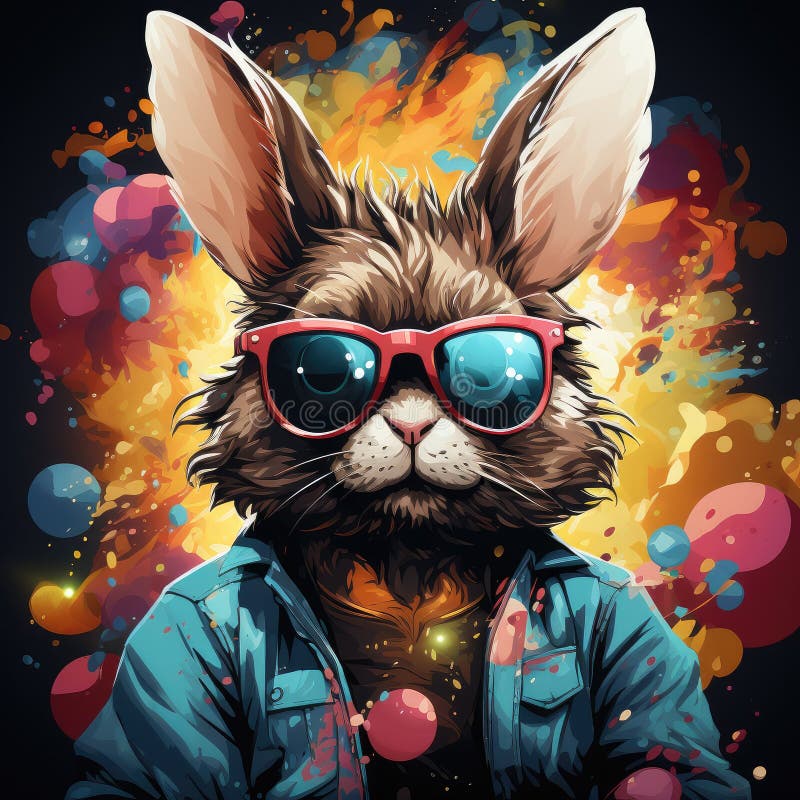 Un conejo con gafas de sol y una chaqueta en un fondo colorido ilustración del vector