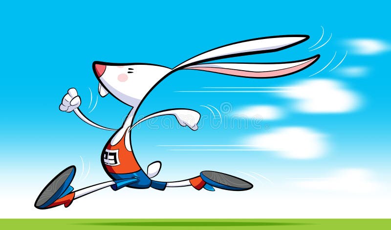 A cartoon runner rabbit, wearing shorts, blouse and shoes is running fast. A cartoon runner rabbit, wearing shorts, blouse and shoes is running fast