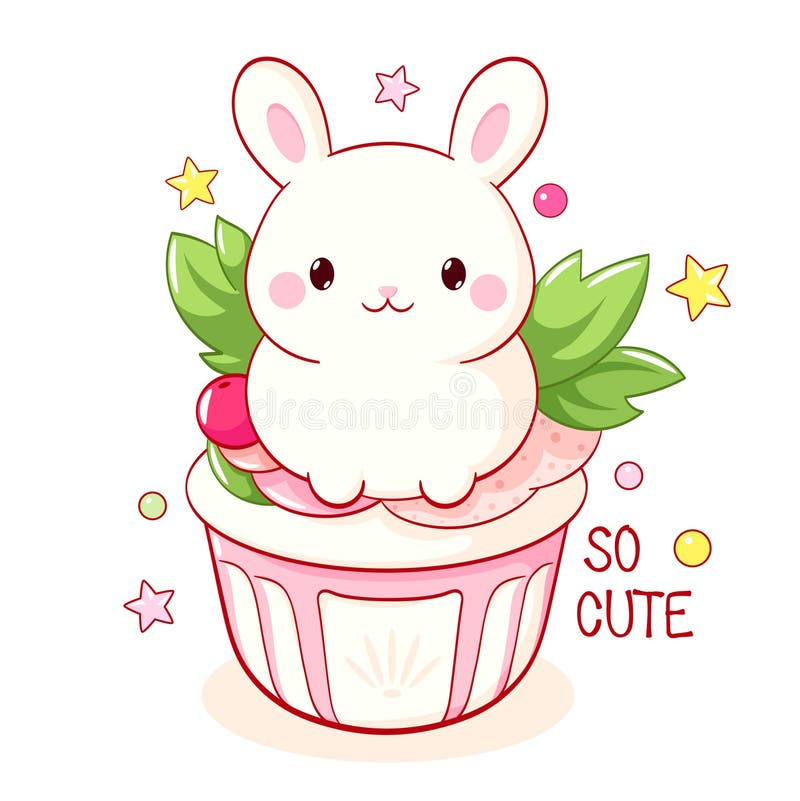 Un coniglietto con il dessert in stile kawaii. Muffin di torte con panna montata e bacca. Iscrizione così carina. Può essere utili royalty illustrazione gratis