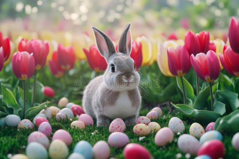 Un coniglietto grigio molle siede felicemente in un giardino pieno di fiori circondato da tulipani fiorenti e uova di Pasqua dai c fotografie stock