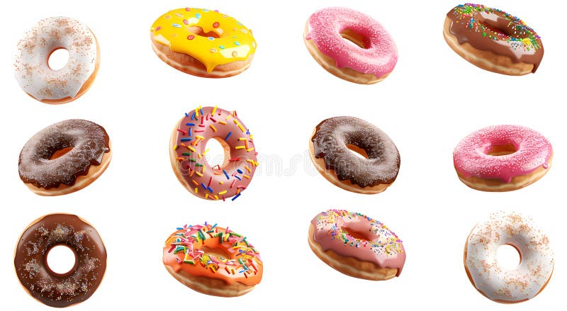 Un conjunto de donuts aislados en blanco. diferentes tipos de donut : de color rosa chocolate con rayas de cristal. diferentes tipos de donut : de color rosa chocolate con rayas con vidrios y rociadores de color. generado por ai.
