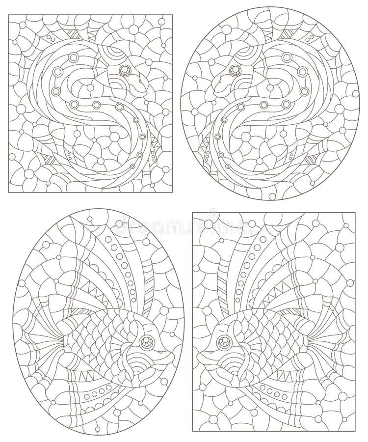 Un conjunto de ilustraciones de contorno en el estilo de vidrio manchado con un fondo blanco con contornos oscuros de peces abstra stock de ilustración