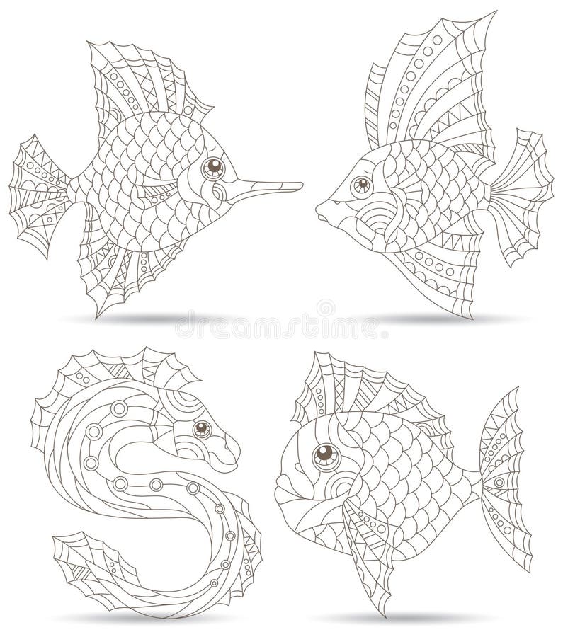 Un conjunto de ilustraciones de contorno en el estilo de vidrio manchado con un fondo blanco con contornos oscuros de peces abstra ilustración del vector