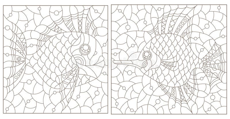 Un conjunto de ilustraciones de contorno en el estilo de vidrio manchado con un fondo blanco con contornos oscuros de peces abstra libre illustration