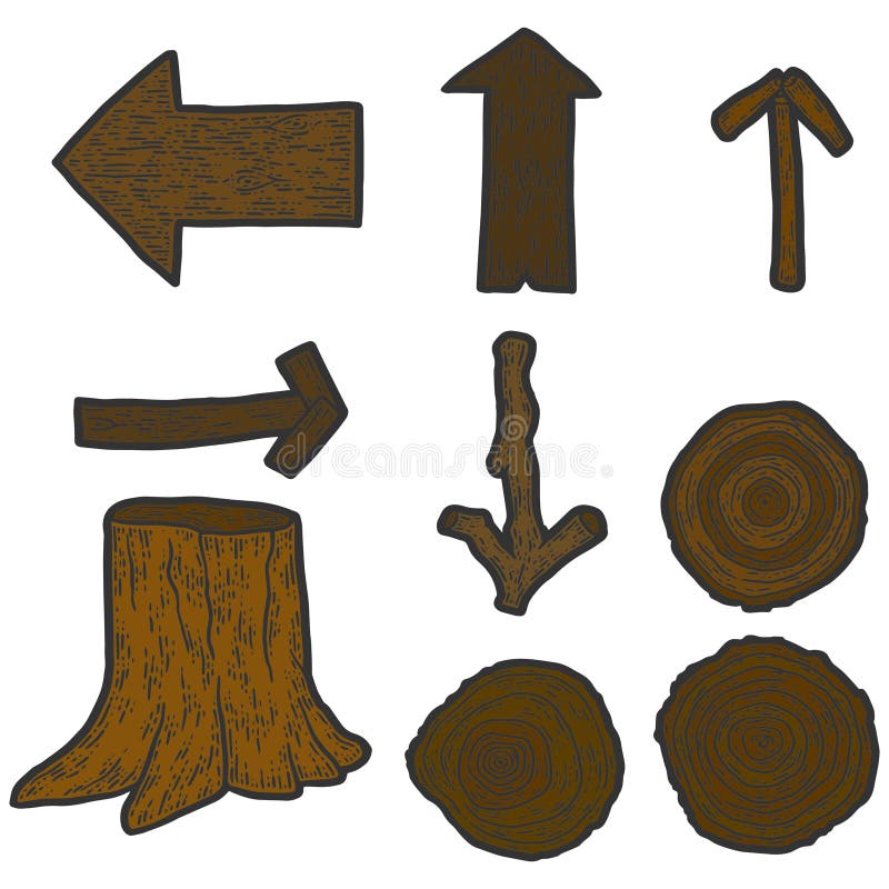 Un conjunto de objetos de madera. leña de trozo y señales. vector de grabado. imitación de tablero de rayado de esbozo. ilustración del vector