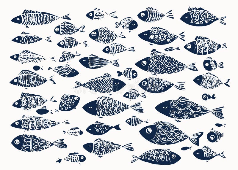 Un conjunto de peces estilizados de color azul oscuro. elementos aislados de peces marinos dibujados en un estilo de dibujos anima libre illustration