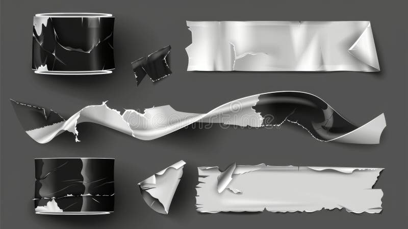 A set of adhesive tape pieces isolated on a black background. Modern illustration of crumpled plastic sticky tape, sellotape packaging pieces with uneven torn edges.. AI generated. A set of adhesive tape pieces isolated on a black background. Modern illustration of crumpled plastic sticky tape, sellotape packaging pieces with uneven torn edges.. AI generated