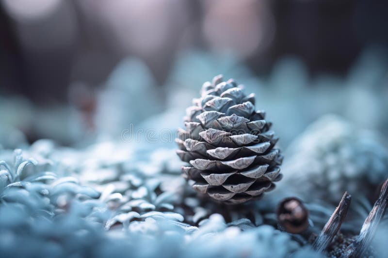 Un cono di pino seduto sopra una pila di neve illustrazione di stock