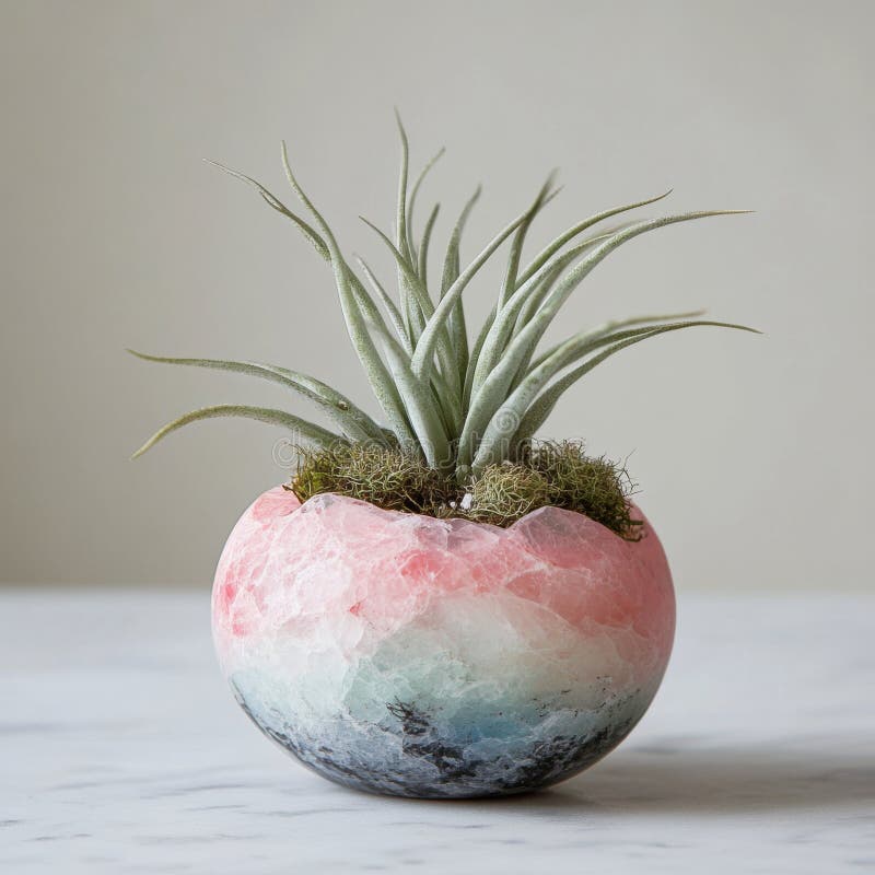 Un contenitore di vetro contiene un terarium in miniatura contenente una rosa vibrante e ciottoli di metallo verde lussuoso e una fotografie stock libere da diritti