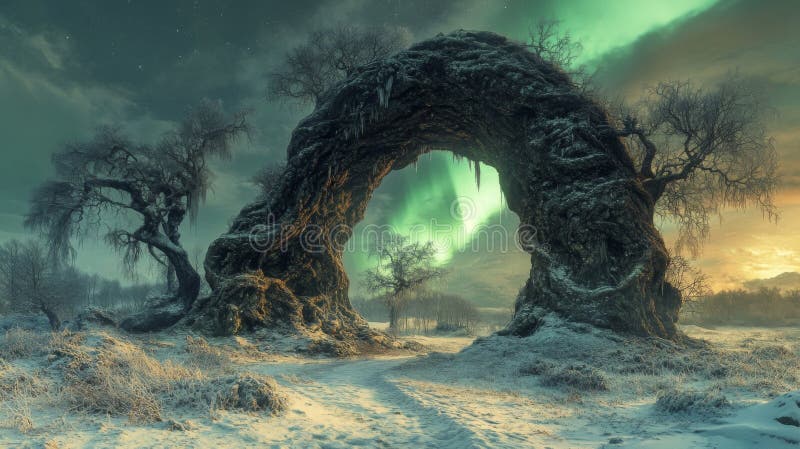 Un copac antic formează un arc natural într-un peisaj de iarnă cu zăpadă, cu o Aurora Borealis strălucitoare în cer vector illustration