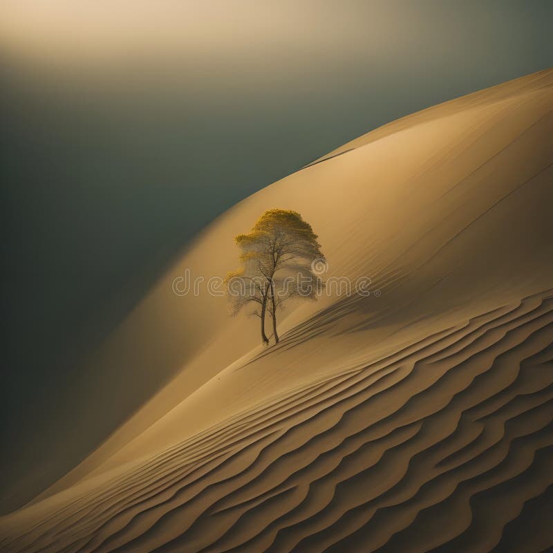 Un copac singuratic în dunele de nisip din deșertul Sahara. ai generativ royalty free illustration
