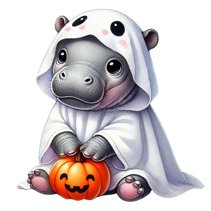 Un copil drăguț hippo într-un costum de fantomă care ține un dovleac alb în fundal izolat royalty free illustration