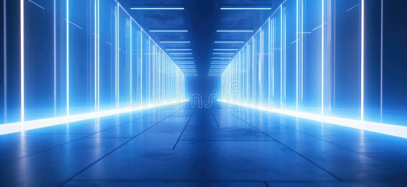 Un corridoio con luci brillanti e un grande riflesso blu illustrazione di stock