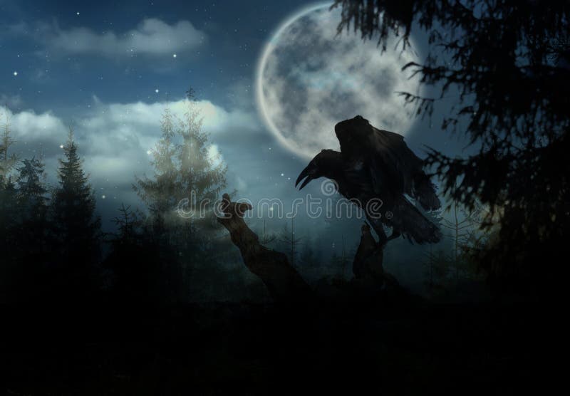 Creepy black crow in scary dark forest on full moon night. Creepy black crow in scary dark forest on full moon night