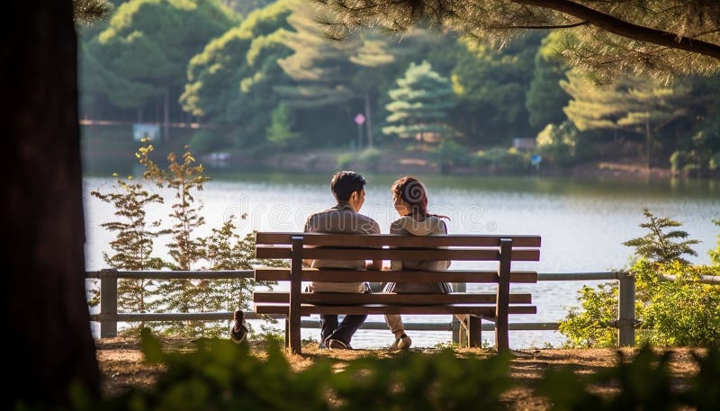 A couple sitting on a bench, enjoying nature tranquil beauty generated by artificial intelligence AI generated. A couple sitting on a bench, enjoying nature tranquil beauty generated by artificial intelligence AI generated