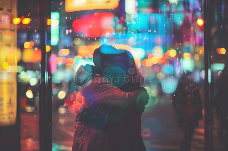 Un couple embrasse un paysage urbain éclatant reflétant l'amour au milieu du chaos urbain illustration stock