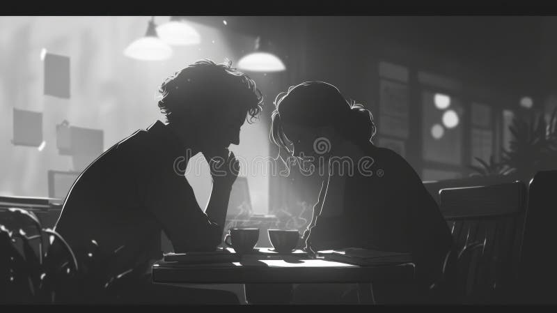 Un couple en silhouette s'assoit à une table dans un café perdu dans la conversation. illustration libre de droits