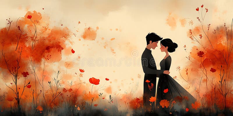 Un couple est affectueusement entouré par un délicat abstrait rouge et orange illustration libre de droits