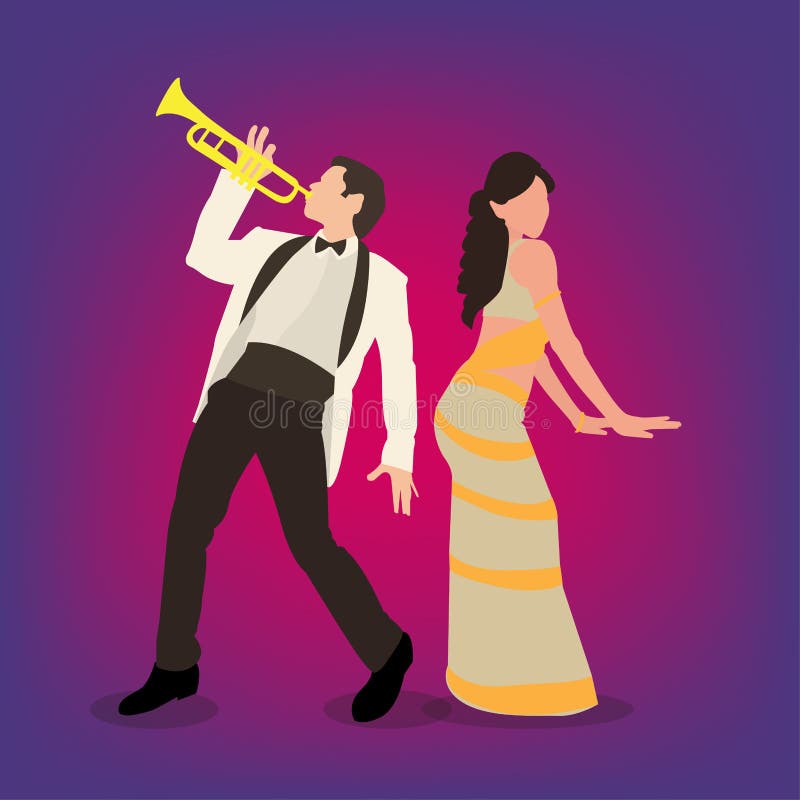 A couple performing bollywood movies style dance. An India guy dancing with a trumpet and a woman dancing in bollywood style. A couple performing bollywood movies style dance. An India guy dancing with a trumpet and a woman dancing in bollywood style.