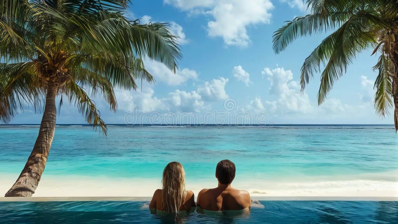 Un couple familial dans une piscine avec vue sur l'océan et palmiers illustration stock