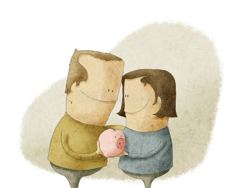 Couples mûrs heureux tenant une tirelire illustration de vecteur Couples mûrs heureux tenant une tirelire illustration de vecteur