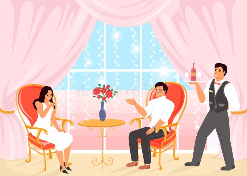 Un couple s'assoit confortablement dans d'élégantes chaises en conversation tandis qu'un serveur présente une bouteille de vin. La illustration de vecteur