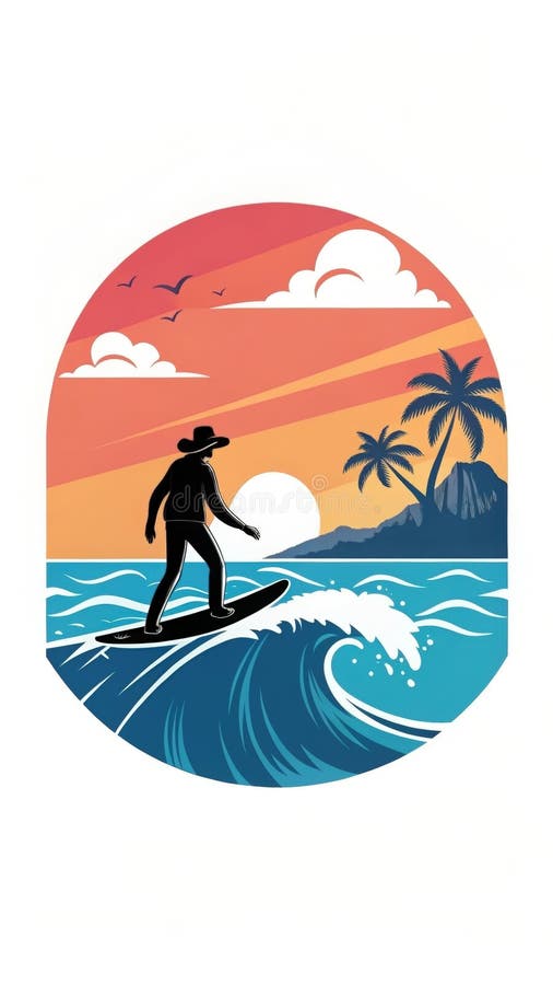 Un cowboy che naviga al tramonto con onde e palme a colori vivaci sulla costa illustrazione vettoriale