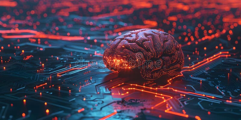 Un creier îmbunătățit care simbolizează conexiunea la inteligența artificială într-un fundal al rețelei globale. royalty free illustration