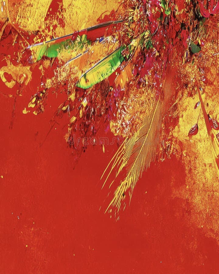 Un cuadro de fondo rojo con una pluma amarilla y verde stock de ilustración