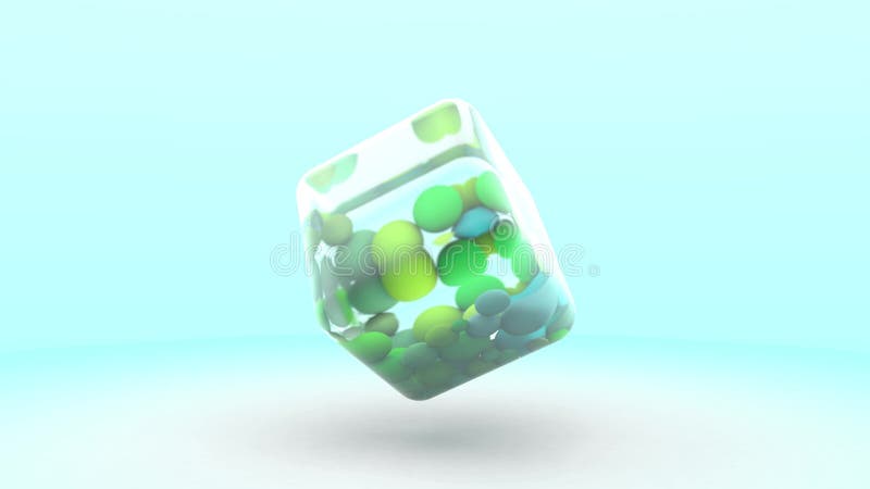 Un cube de verre transparent tournant rempli de boules de différentes tailles et couleurs illustration de vecteur