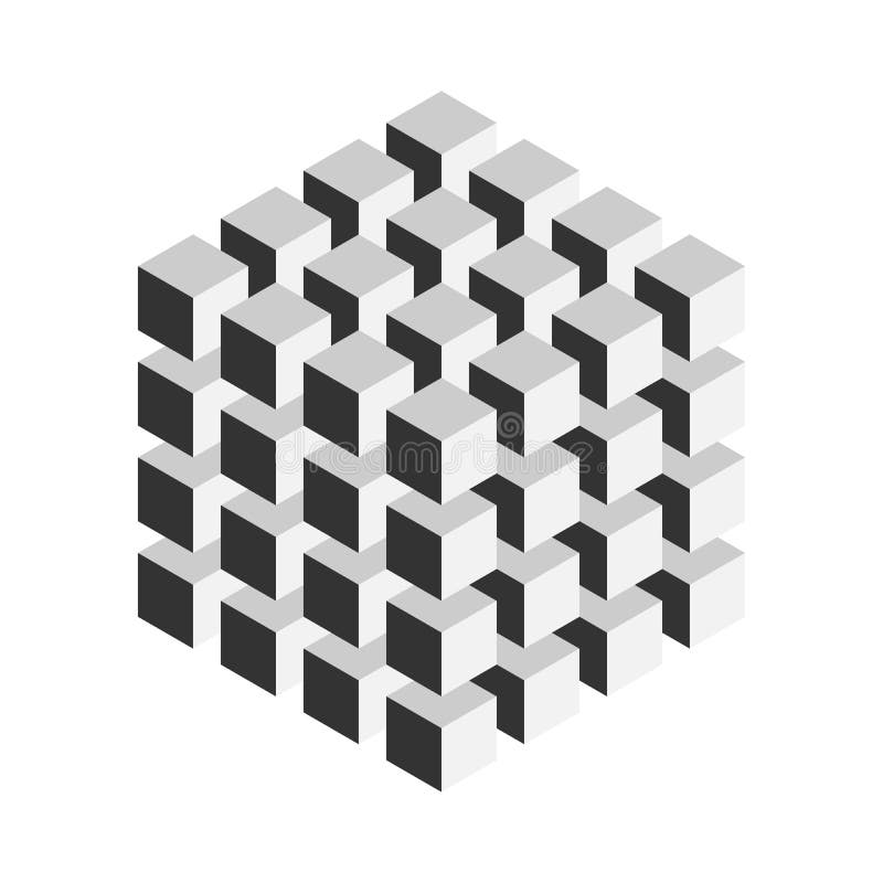 Un cubo geometrico grigio di 64 più piccoli cubi isometrici Elemento astratto di disegno Scienza o concetto della costruzione vet illustrazione di stock Un cubo geometrico grigio di 64 più piccoli cubi isometrici Elemento astratto di disegno Scienza o concetto della costruzione vet illustrazione di stock