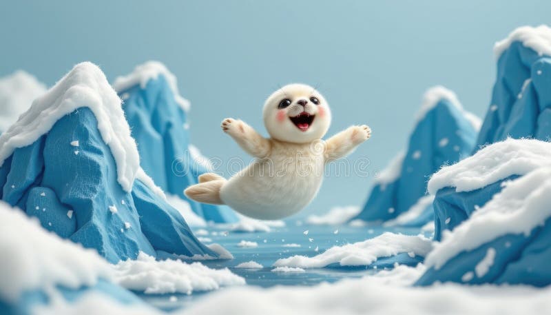 Un cucciolo di foca che salta tra un iceberg feltro galleggiante e un'illustrazione digitale generata da joy aie in stile arte ad illustrazione vettoriale