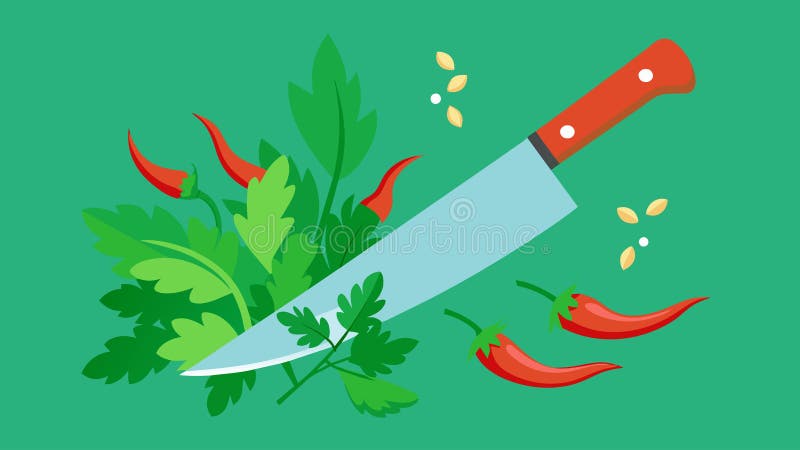 Un cuchillo de cocina cortando con habilidad las vibrantes hierbas verdes como perejil y cilantro junto con pimientos picantes roj stock de ilustración