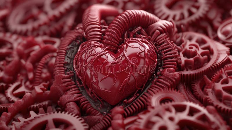 Un cuore meccanico circondato da ingranaggi e tubi intricati ai fotografie stock