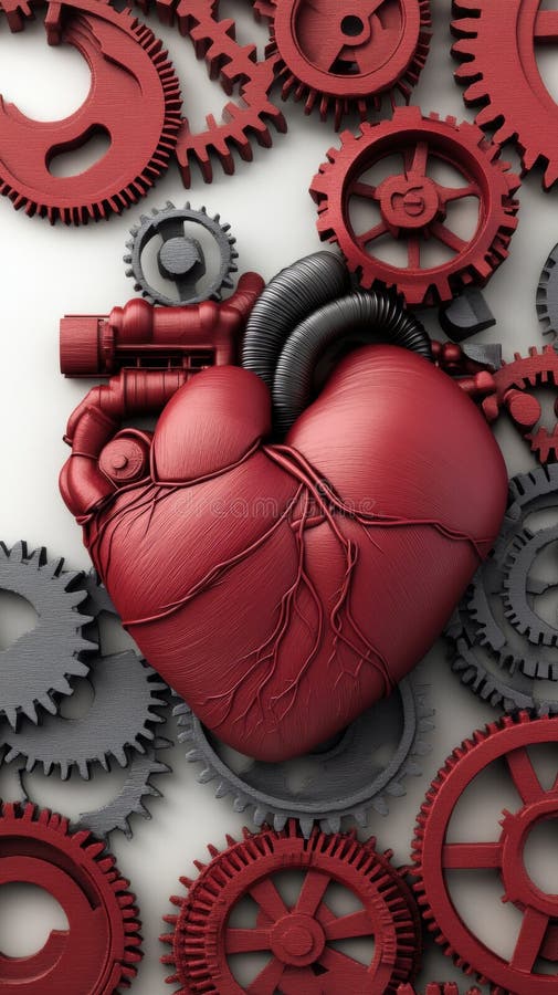 Un cuore meccanico circondato da ingranaggi interconnessi simboleggia la fusione di tecnologia e di biologia ai immagine stock libera da diritti